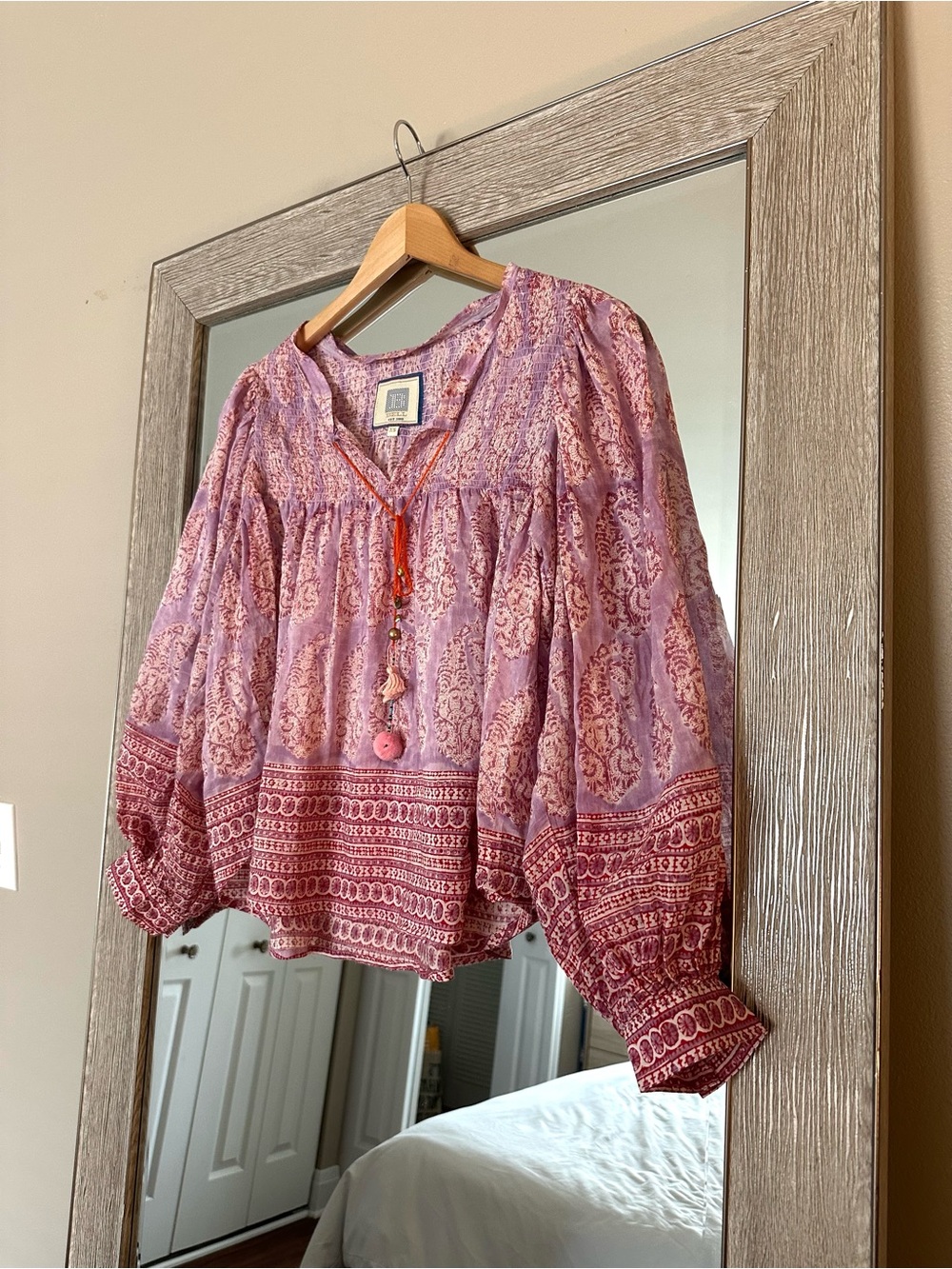Alicia Bell Pink and Lavender Paisley Balloon Sleeve Peasant Blouse Size XS
